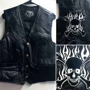 DIAMOND PLATE GENUINE BUFFALO LEATHER BIKER MENS MED VEST SKULL WITH FLAMES - Picture 1 of 14