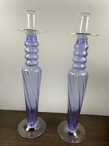 Vintage Murano Glass Hand-blown Candlestick Set Purple 17” - Picture 1 of 5