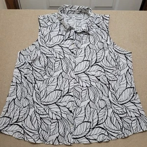 Croft & Barrow ärmelloses geknöpftes Damenshirt Blätterdruck 2X weiß/schwarz - Bild 1 von 7