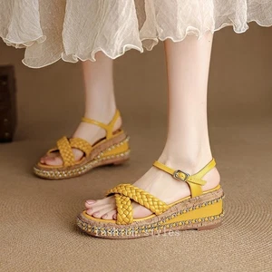 Sandalias de mujer con punta abierta plataforma cuero real tejido tacón alto de cuña talla - Imagen 1 de 24