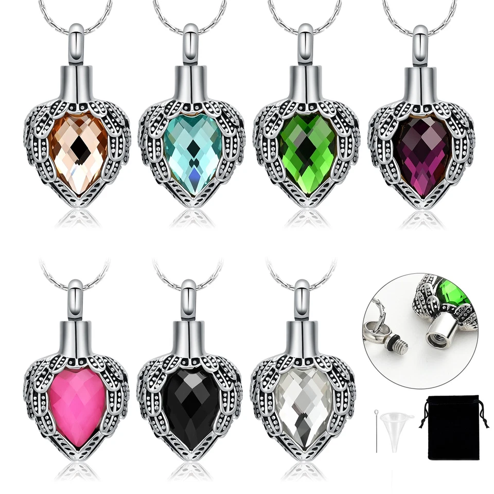 Ala de ángel piedra corazón urna colgante collar de memoria cenizas soporte joyería conmemorativa Foto 1 de 1