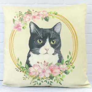 Black & White Cat Flower Wreath Cushion Cover Novelty Vintage Decorative Animal - Picture 1 of 11