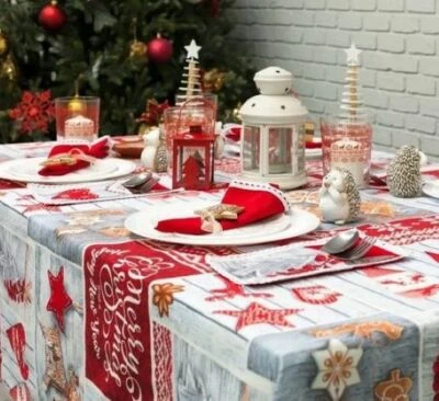 Nappe de Fête Joyeux Noël 100% Coton Cretonne Tablecloth Merry Christmas - Photo 1/4