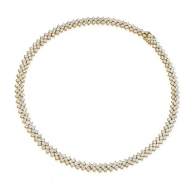 Collar tenis de 3 filas de diamantes simulados de corte princesa de 11 quilates enchapado en oro amarillo de 14 k Foto 1 de 4
