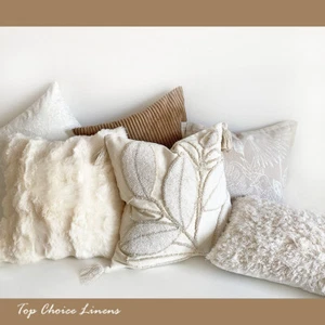 Mix Match Home Cream White Brown Faux Fur Velvet Tufted Leaf Cushion Cover - Picture 1 of 23