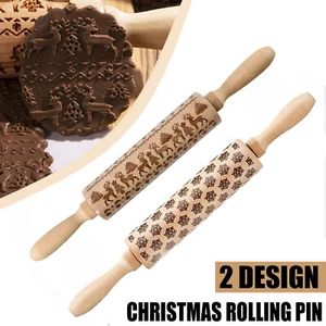Christmas Wooden Embossing Rolling Pin Engraved Baking Cookies Cake Roller AUS - Picture 1 of 12