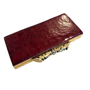 Vintage 1940's Gold-Plated & Red Crocodile Makeup Compact Clutch With Mirror - Picture 1 of 9