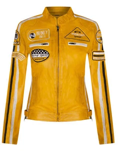Womens Yellow Leather Biker Jacket Retro Casual Zipped Racing Moto Badges - Picture 1 of 4