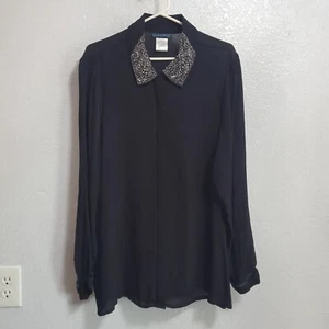Ulla Popken Top Womens 20/22 Black Rayon Beaded Collar Button Front Blouse - Picture 1 of 11