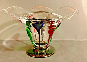 Vintage Hand Blown Art Glass Clear W/Green Blue Red Compote Bowl Pedestal Wavy - Picture 1 of 11