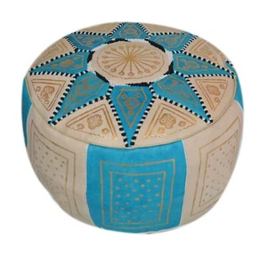 Pouf Moroccan Hassock Pooff Leather Ottoman Footstool Medium Beige Turquoise - Picture 1 of 3