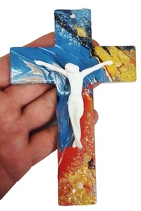 Wall Modern Glass Murano Crucifix Cross Multicolor Blue Red From Medjugorje 6.3" - Picture 1 of 16