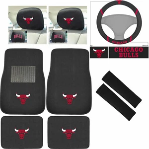 9PC NBA Chicago Bulls Car Truck Floor Mats Steering Wheel Cover Headrest Covers - Picture 1 of 10