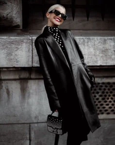 ZARA BLACK LEATHER EFFECT COAT LAPEL COLLAR Long 1255/749 Size L Large RARE - Picture 1 of 16