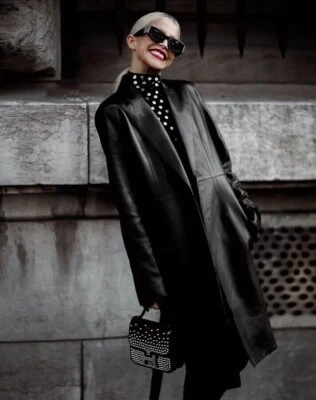 ZARA BLACK LEATHER EFFECT COAT LAPEL COLLAR Long 1255/749 Size L Large RARE - Image 1 of 4