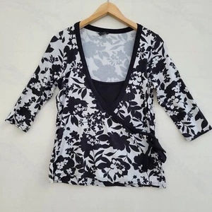 E-Vie Blouse Women Size L White Black 3/4 Sleeve Wrap Top - Picture 1 of 10