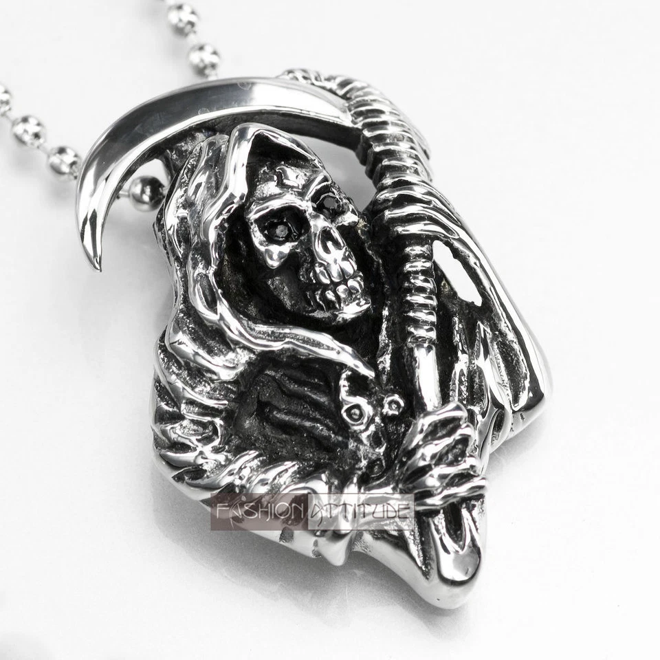 silver death ripper pendant skull black eyes stainless steel chain necklace Foto 1 de 1