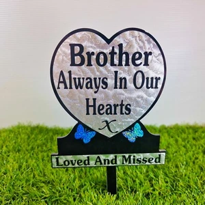 Brother Heart Shaped Memorial Plaque Grave Gift Tribute  Blue Sparkle Butterfly - Picture 1 of 3