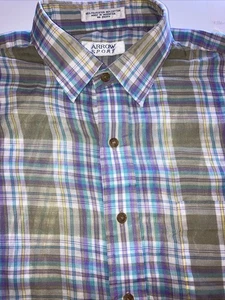 Arrow Sport Vintage-Men’s -Poly-Cotton-Lg-SS-Shirt-Teal/Blue-Purple-Yellow-Green - Picture 1 of 23