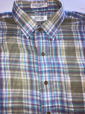Arrow Sport Vintage-Men’s -Poly-Cotton-Lg-SS-Shirt-Teal/Blue-Purple-Yellow-Green - Image 1 of 4