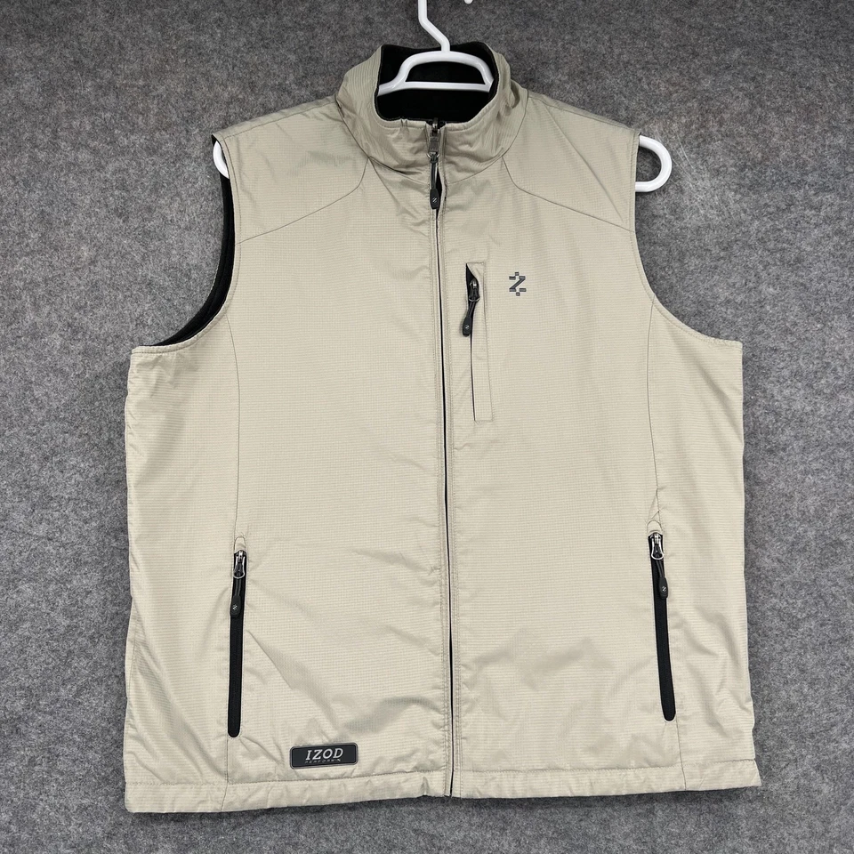 IZOD PerformX Vest Mens Large Khaki Black Reversible Fleece Lined Zip Pockets - Image 1 of 4