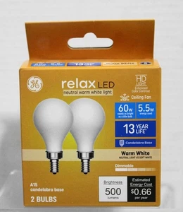 GE Relax 60w Repl LED HD Bulbs A15 Candelabra Base Ceiling Fan Warm White 2-Pack - Picture 1 of 4