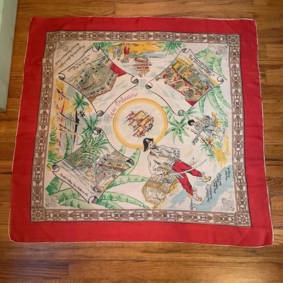 Vintage Silk Novelty Scarf New Orleans Pirate Scene French Quarter Scarf 35x34 - Image 1 of 4