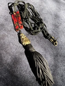 Vintage Chico’s Messing Buddha schwarze Quaste rot & gold lange Statement Halskette! - Bild 1 von 9