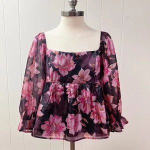NWOT THIRTY THIRTY LA Womens Floral Blouse Sheer Balloon Sleeves SIZE XL Smocked - Picture 1 of 10