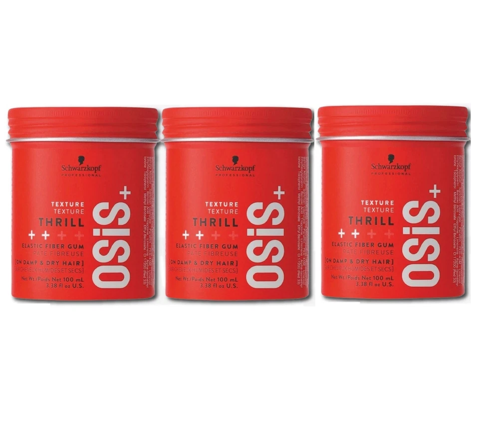 3 PACOTES de goma de fibra elástica Schwarzkopf Osis+ Thrill, 3,38 oz/100 ml - Imagem 1 de 3