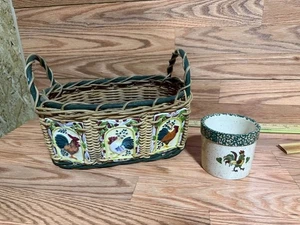 Decorative Wicker Ceramic Chickens & Rooster Basket Handles & Crock Spongeware - Picture 1 of 9