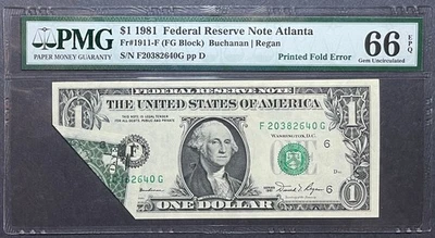 $1 1981 Federal Reserve Note Atlanta - (Double) Printed Fold Error - PMG 66 EPQ - Image 1 of 2