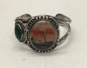 Altes Navajo Armreif aus versteinertem Holz Sterlingsilber selten - Bild 1 von 6