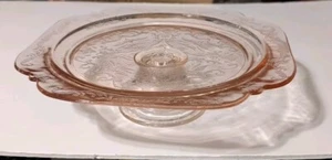 Vintage Mid Century Rosa Standfuß Kuchenständer Madrid Muster Depression Glas - Bild 1 von 18