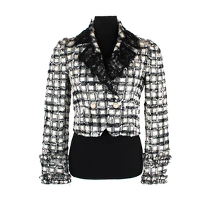 LoveShackFancy Lace Black Plaid Patrick Blazer 2 NEW Cropped Ivory Tweed Jacket - Picture 1 of 9