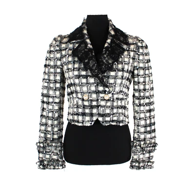 LoveShackFancy Lace Black Plaid Patrick Blazer 2 NEW Cropped Ivory Tweed Jacket - Image 1 of 4