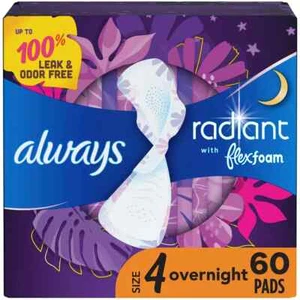 Always Radiant Overnight Sanitary Pads with Wings 60ct - Scented - Size 4 - Picture 1 of 10
