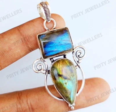 Natural Labradorite Gemstone Pendant 925 Sterling Silver Plated Handmade 2.48" - Image 1 of 4