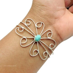 Natural Turquoise 925 Silver Flower Engagement Anniversary Bezel Bangle Jewelry - Picture 1 of 7