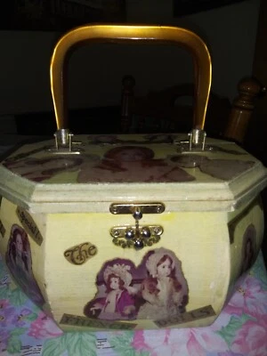 Vintage 70s Octagonal Wooden Decoupage Doll Images Box Purse With Lucite Handle  - Image 1 of 4
