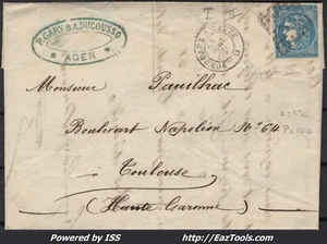FRANCE N°45C SUR LETTRE AMBULANT DE NUIT BC BORDEAUX A CETTE + CAD DU 31/01/1871 - Picture 1 of 2