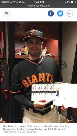 CHRIS HESTON~GIANTS 06/09/2015 NEW YORK NO HITTER-MLB TICKET STUB Brand New ! Cover