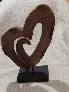 Wood Heart Sculpture Contemporay Folk Art Black Base Unsigned 14in T 9in W - Picture 1 of 6