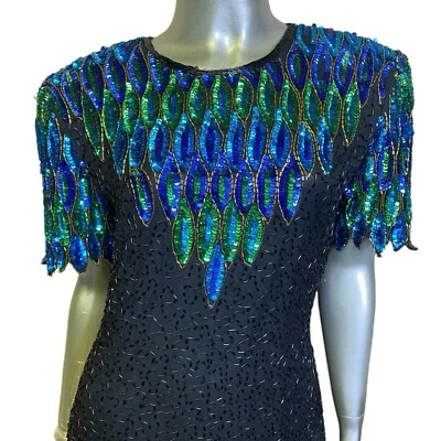 STENAY Vintage Dress Sequins Silk Short Sleeve Beaded Peacock Design Cocktail M - Image 1 of 4