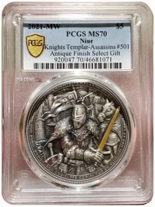 2021 2 Oz Silver $5 Niue Assassins KNIGHTS TEMPLAR PCGS MS70 Gold Shield Coin. - Picture 1 of 15
