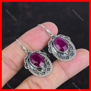 Oval Kashmir Rubi Gemstone Bezel Drop Dangle Earrings Jewelry Sterling Silver - Picture 1 of 6