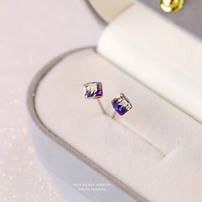 925 Sterling Silver Cube Crystal HYPOALLERGENIC Stud Post CZ Earrings 5mm J7 - Image 1 of 4