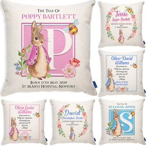 Personalised Christening Rabbit Cushion New Baby Pillow Cover Baby Shower Gift - Picture 1 of 21