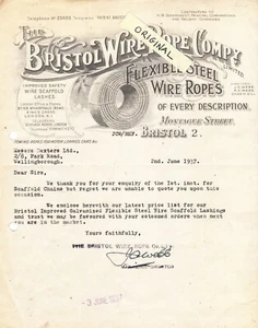 BRISTOL WIRE STEEL ROPE CO. ORIGINAL VINTAGE LETTERHEAD WEBB GILL MONTAGUE ST. - Picture 1 of 1