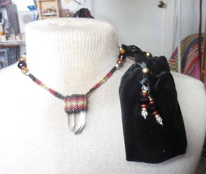 Quartz Crystal Point Four Directions Beaded Necklace Onyx Tigers Eye Stone Beads - Picture 1 of 8